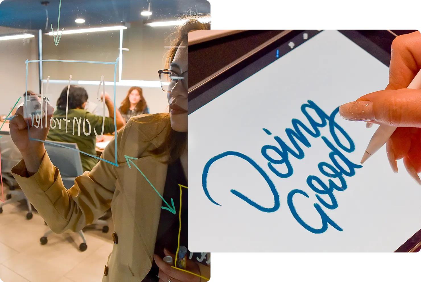 Our Values Creativity Girl Writting On The Glass And In A Tablet